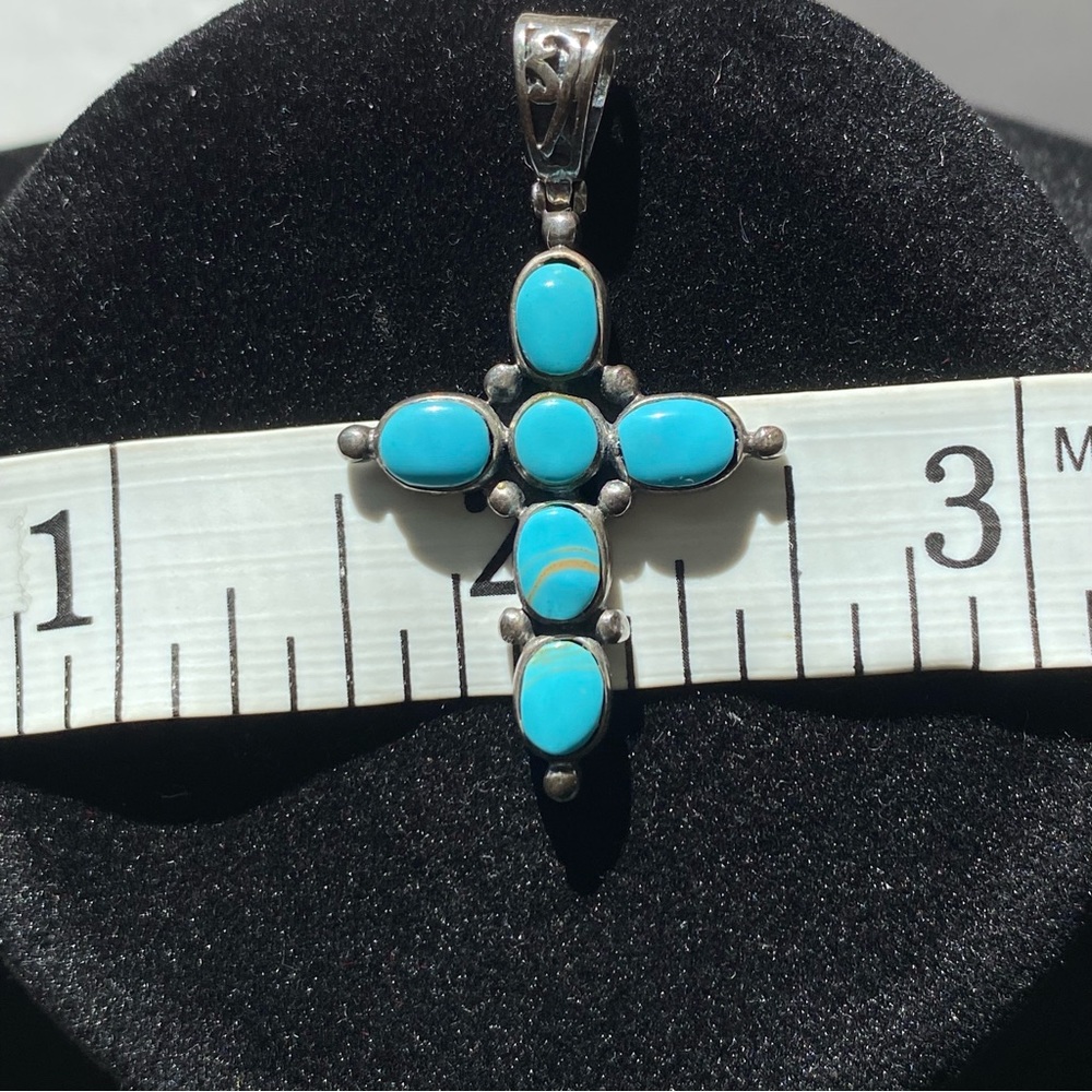 Sterling Silver Turquoise Cross Pendant Vintage Southwest Boho Artist Signed - Picture 11 of 12